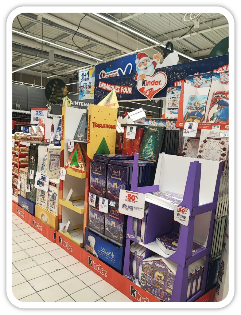 Empty shelf facing beneath promotional point-of-sale material in a supermarket
